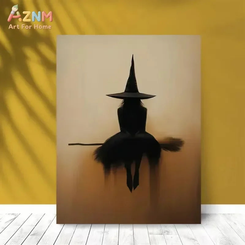 Minimalist witch silhouette wall art featuring a black witch on a broomstick against a soft, warm background.