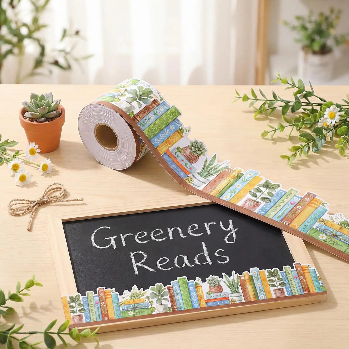 A roll of decorative sticker border featuring colorful books and greenery used as a craft or display element.
