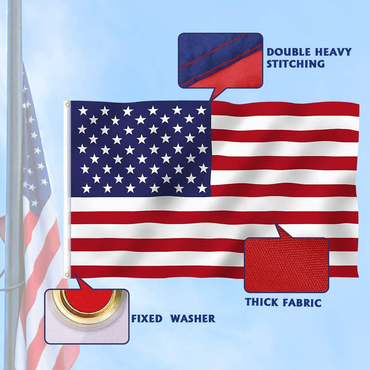 A red and white American flag with stitching details and a thick fabric texture.