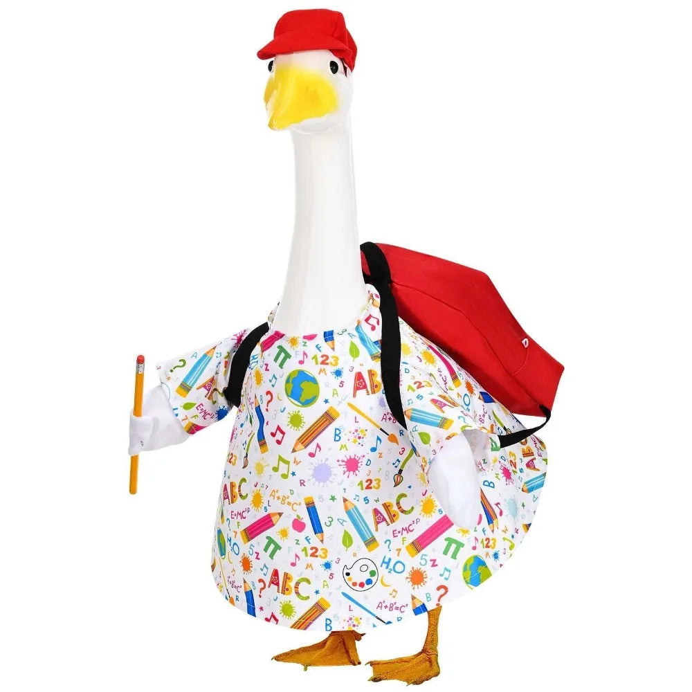 A white goose statue with a red hat and colorful alphabet patterns on its body.