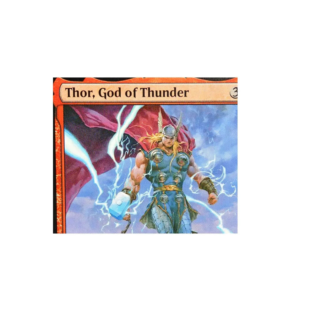 A fantasy trading card featuring Thor, God of Thunder, in armor wielding lightning.