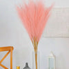 A bouquet of pink pampas grass stems in a glass vase displayed on a white surface.