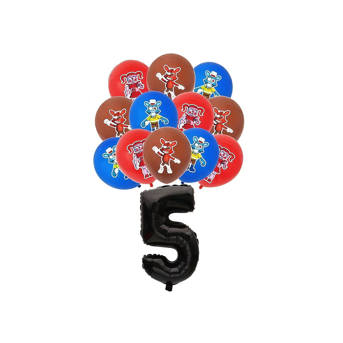 A collection of five themed plush toys featuring characters from Five Nights at Freddy's for a birthday party kit.