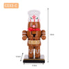 A wooden nutcracker soldier ornament with a red and white hat, bow, and uniform, standing on a black base.
