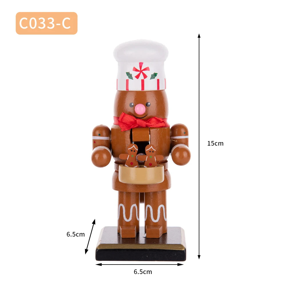 A wooden nutcracker soldier ornament with a red and white hat, bow, and uniform, standing on a black base.