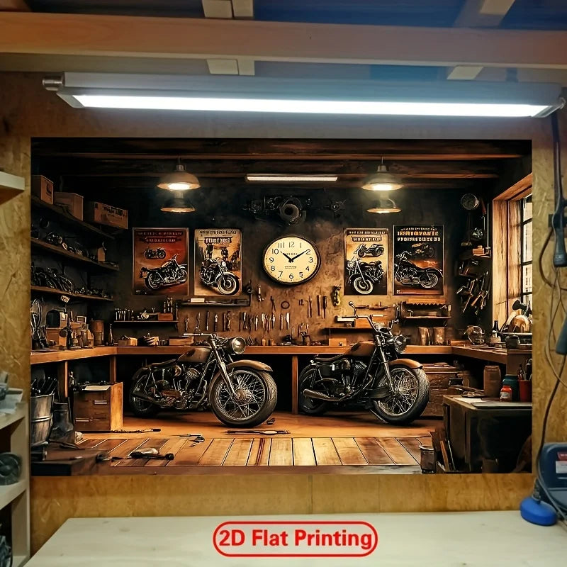 A flat banner depicting a retro motorcycle garage interior with wooden shelves and vintage bikes.