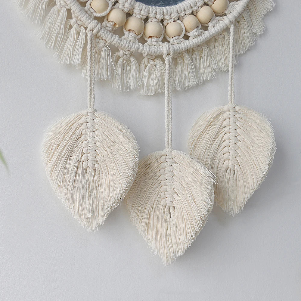 Miroir rond en macramé pour mur, avec des pompons et des franges de couleur crème