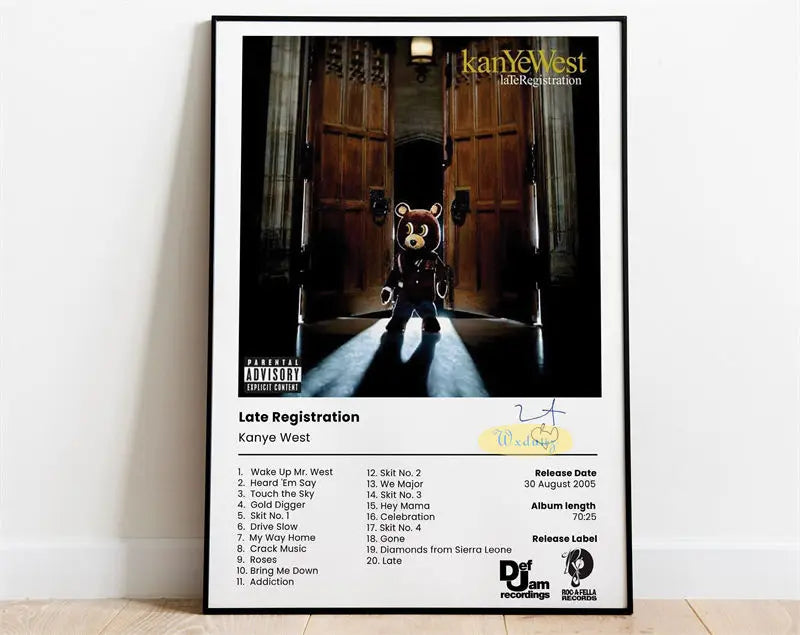 Arte del álbum Late Registration de Kanye West, con una puerta de madera oscura y una figura de oso.