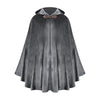 A dark gray velvet hooded cloak with a matching fabric collar and a brown accent.
