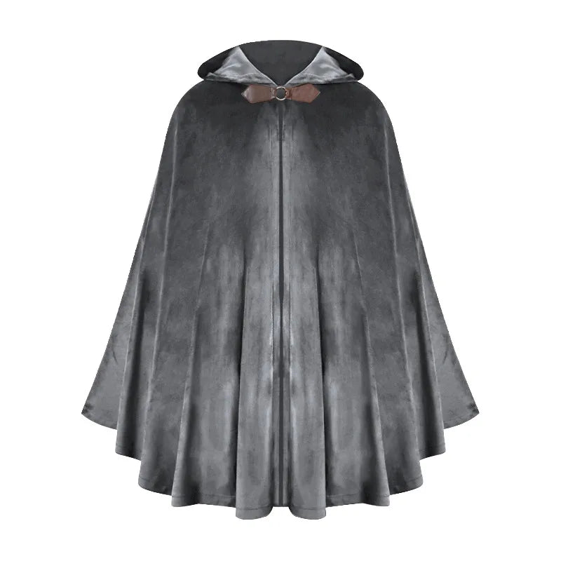A dark gray velvet hooded cloak with a matching fabric collar and a brown accent.