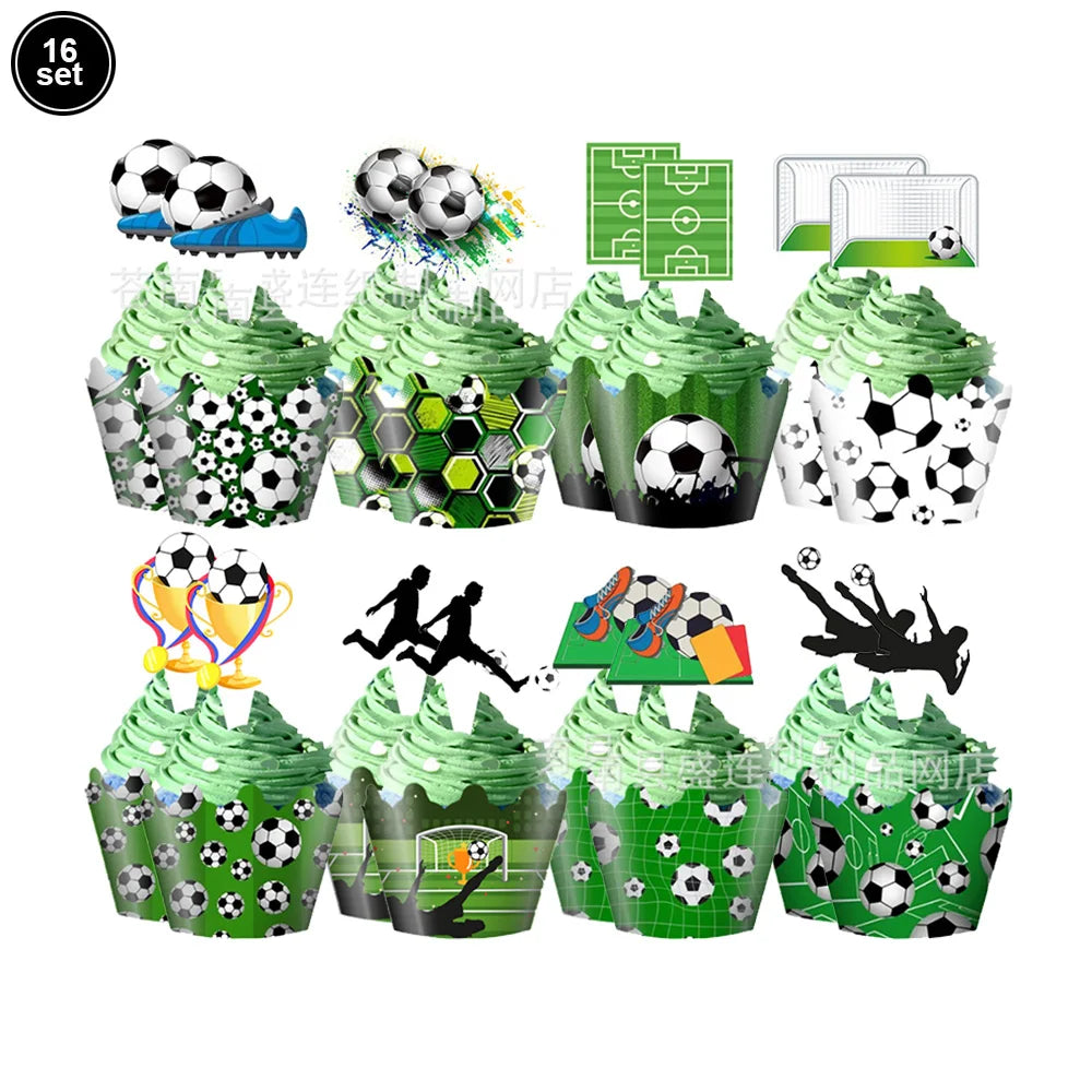 A set of green soccer ball cake toppers featuring various soccer balls and goal graphics for birthday parties.