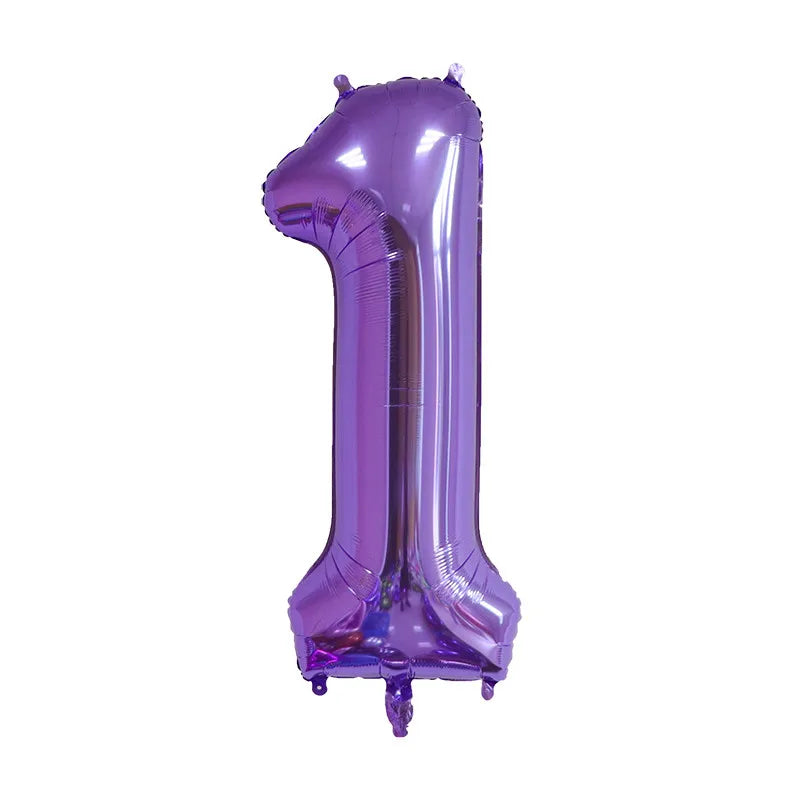 A purple foil balloon shaped like the number one for celebrations.