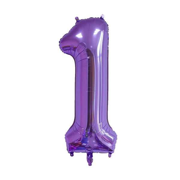 A purple foil balloon shaped like the number one for celebrations.