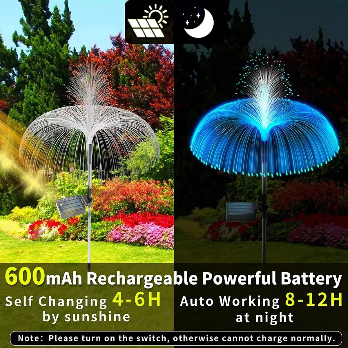 A garden light featuring a spherical LED display that changes color, shown illuminating a night scene.