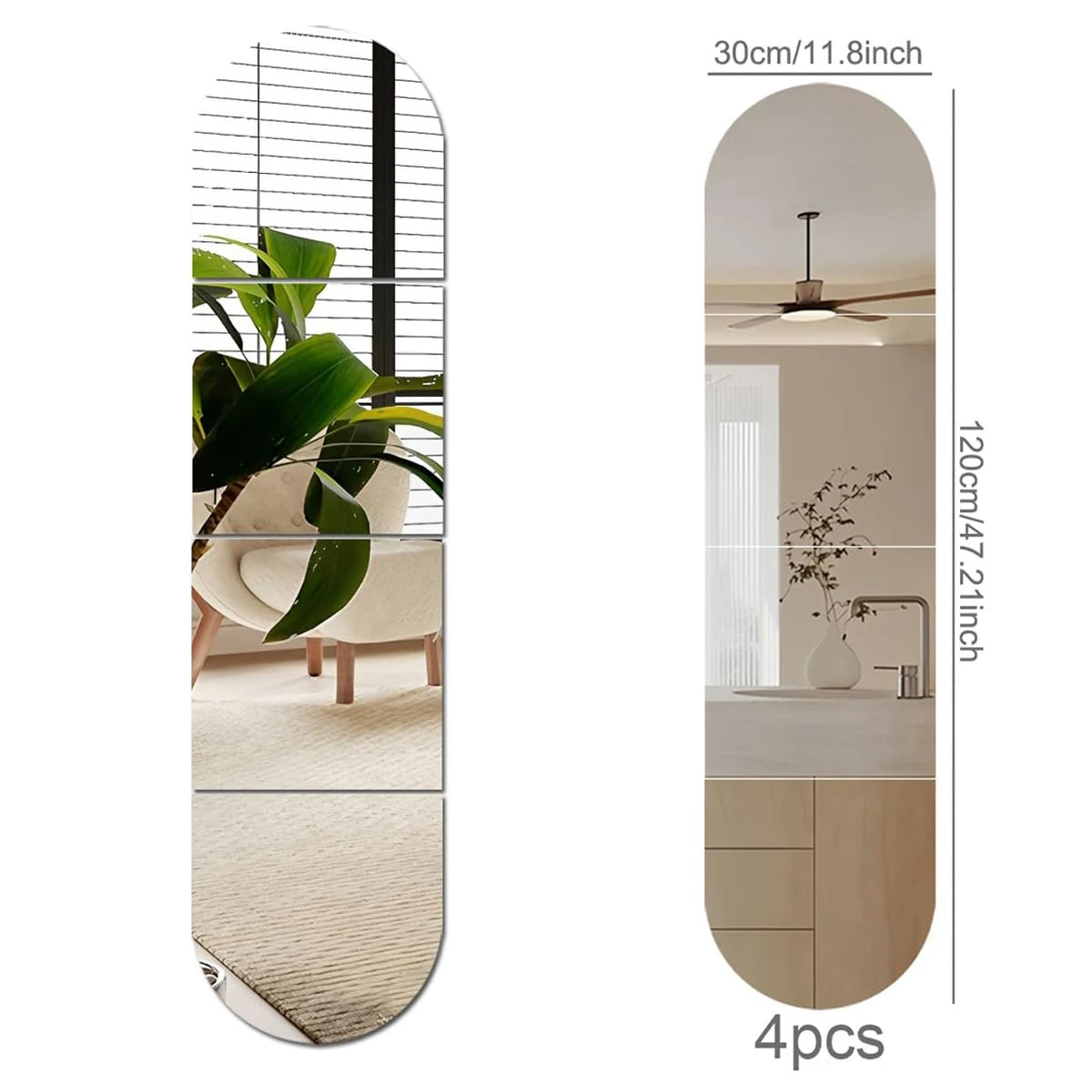 A vertical acrylic mirror wall sticker featuring a plant and a modern kitchen vanity with a ceiling fan.