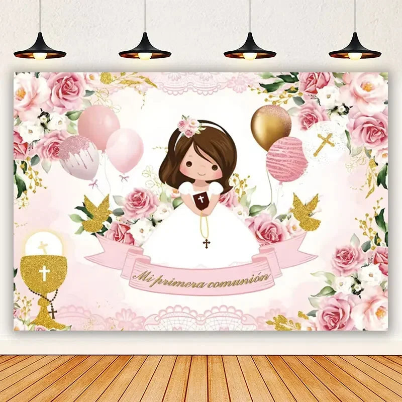 A soft pink and gold floral backdrop for a first communion photo, featuring roses and balloons.