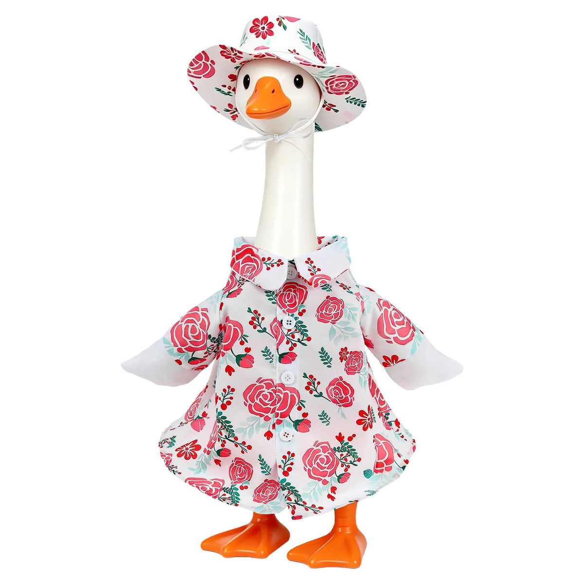 A decorative lawn goose costume featuring a white body, orange feet, and a floral patterned hat and outfit.