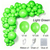 A light green latex balloon garland kit showing various balloons, ribbon, chain, and glue.