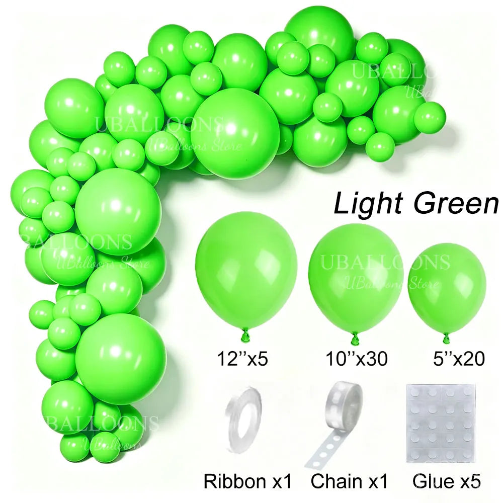 A light green latex balloon garland kit showing various balloons, ribbon, chain, and glue.