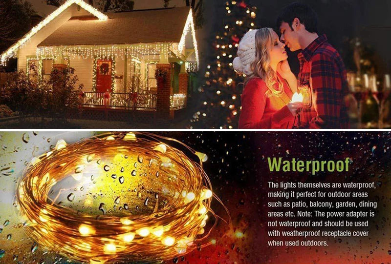 A close-up of warm yellow fairy string lights wrapped in a circular shape, designed for waterproof outdoor use.