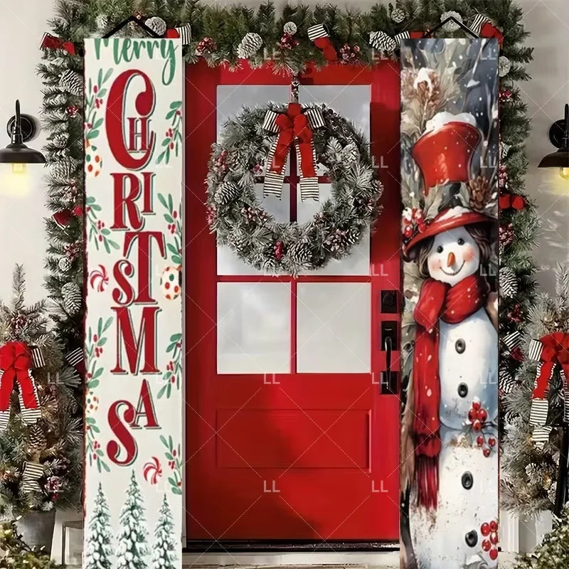A festive Christmas door banner featuring holiday greetings and a wreath on a red door.