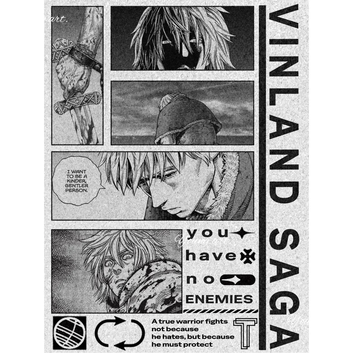 A panel from Vinland Saga featuring a character with long hair and intense expression.