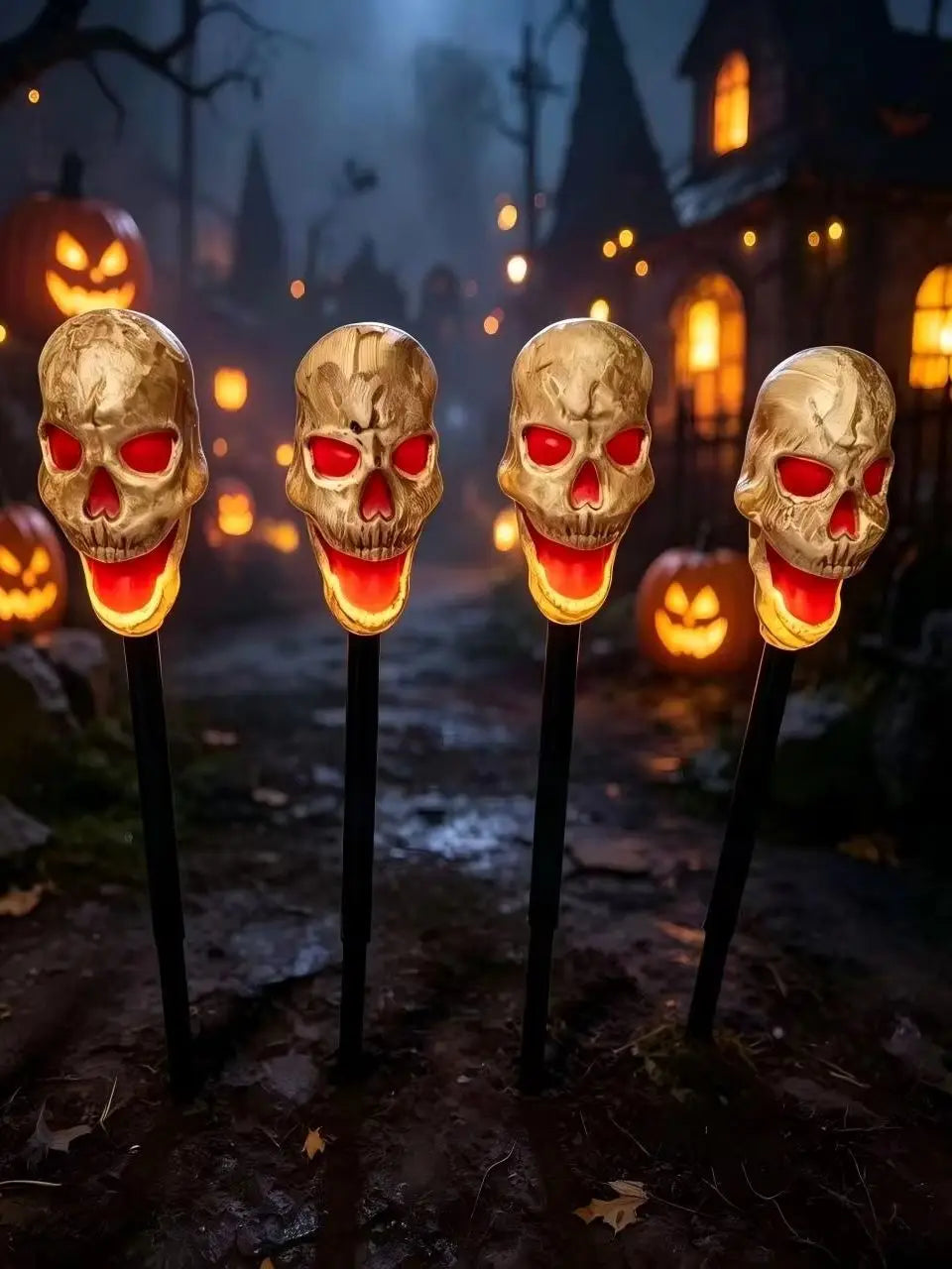 Four realistic skull solar pathway lights illuminate a dark outdoor path for Halloween decorations.
