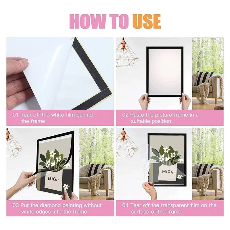Step-by-step instructions showing how to use a magnetic display frame for diamond art and photos.