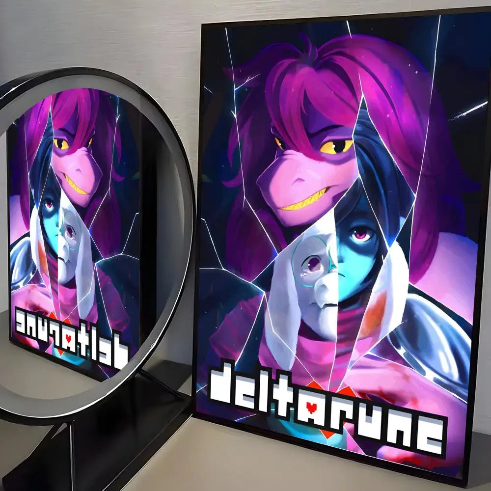 A poster featuring a purple monster character from Deltarune with glowing purple hair and bright eyes.