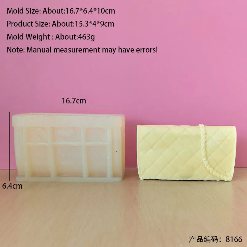 A rectangular silicone mold for making candles or crafts, shown next to its dimensions.