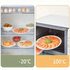 A reusable elastic food cover system showing various foods and eggs stored in a refrigerator compartment, with temperature se