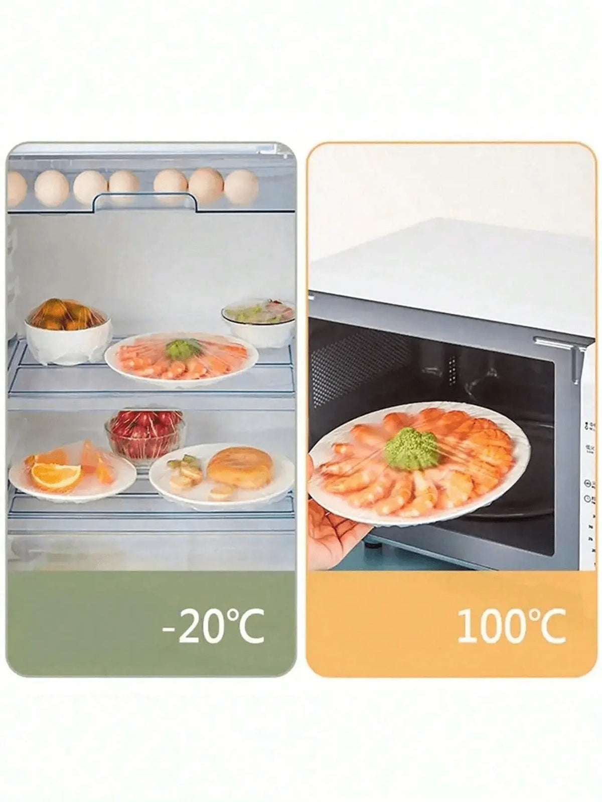 A reusable elastic food cover system showing various foods and eggs stored in a refrigerator compartment, with temperature se