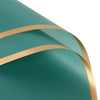 Teal wrapping paper with gold edges and a curved design.