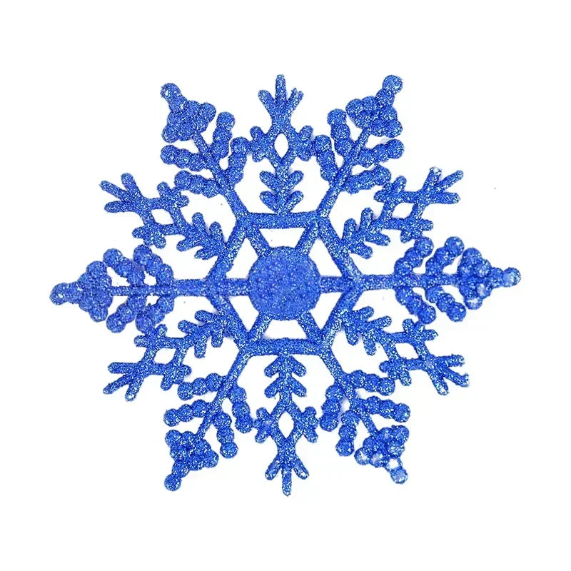 A set of six shimmering blue snowflake Christmas ornaments.