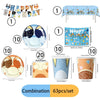 A set of blue dog themed birthday party supplies including a banner, plates, cups, and napkins.