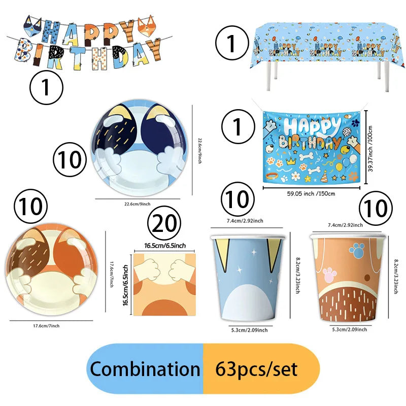 A set of blue dog themed birthday party supplies including a banner, plates, cups, and napkins.