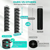 Comparison showing wide spacing in a wall-mounted cap organizer rack versus narrow spacing.