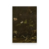 Dark oil painting featuring a still life of various plants and small birds on a dark background.