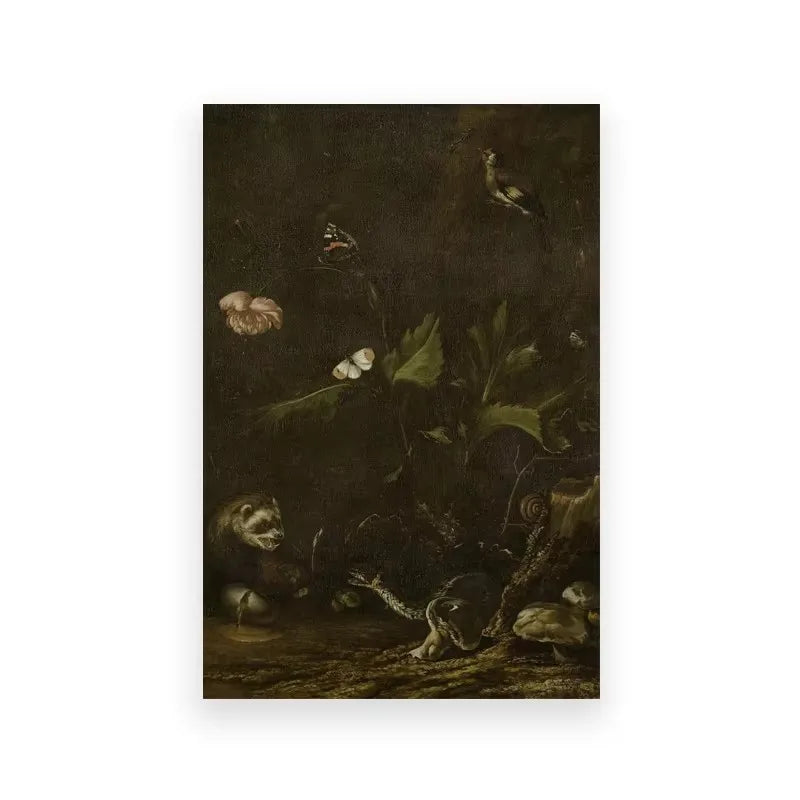 Dark oil painting featuring a still life of various plants and small birds on a dark background.