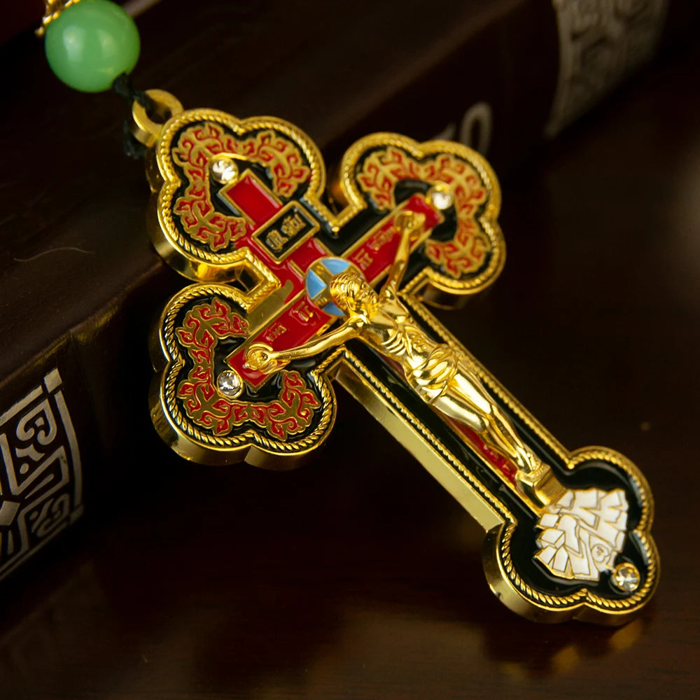 Orthodox Crucifix Cross Necklace with Rosary Beads