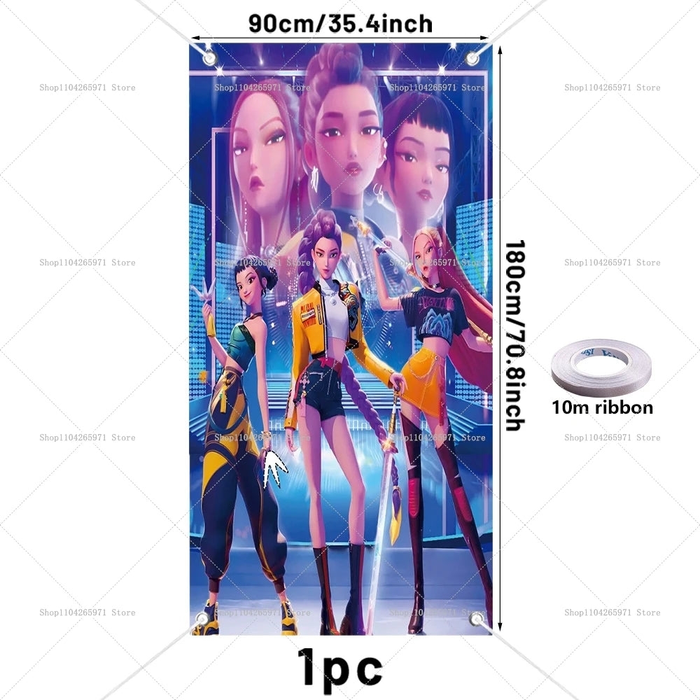 A vertical backdrop featuring multiple anime-style female characters in dark and vibrant outfits.