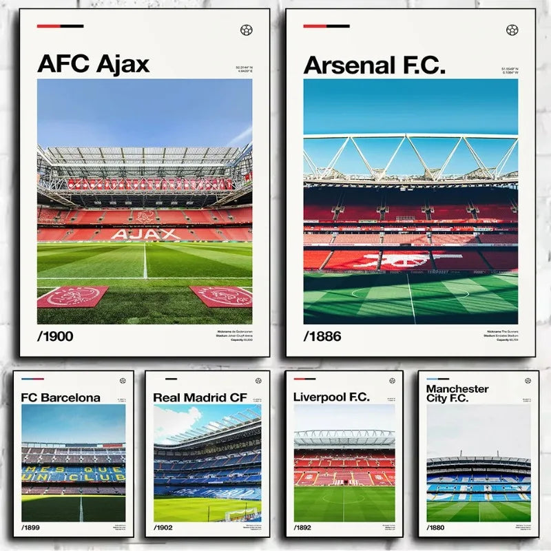 A collection of football club posters featuring stadium scenes and team names like AFC Ajax, Arsenal F.C., FC Barcelona, Real