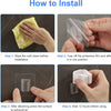 Instructions showing how to install an adhesive wall hook for mops and brushes in four steps.