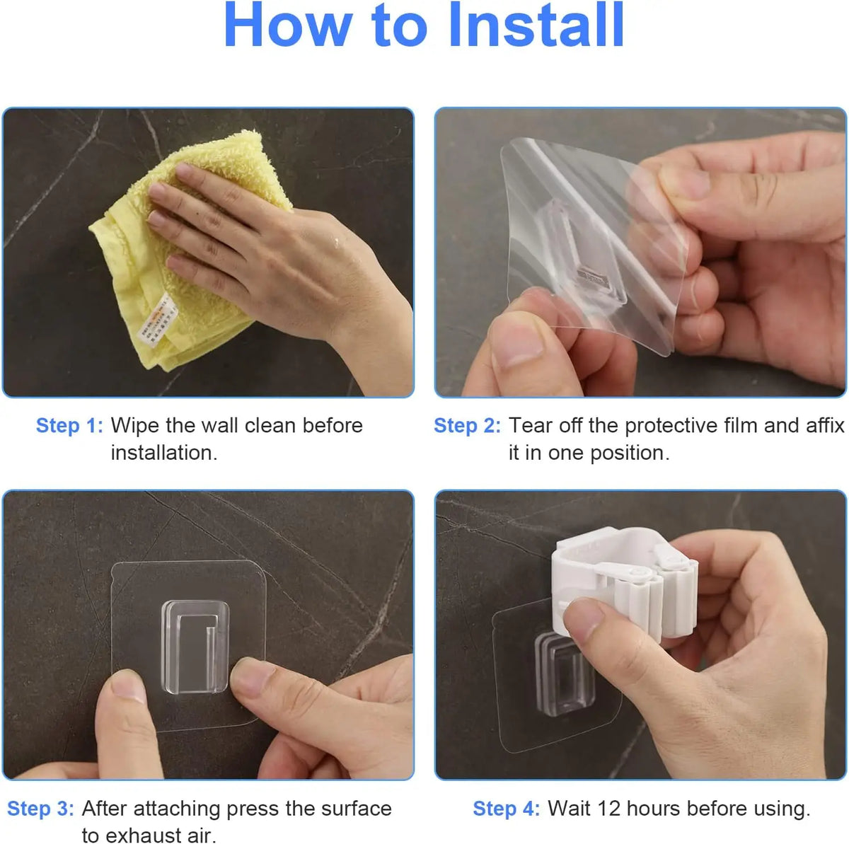 Instructions showing how to install an adhesive wall hook for mops and brushes in four steps.