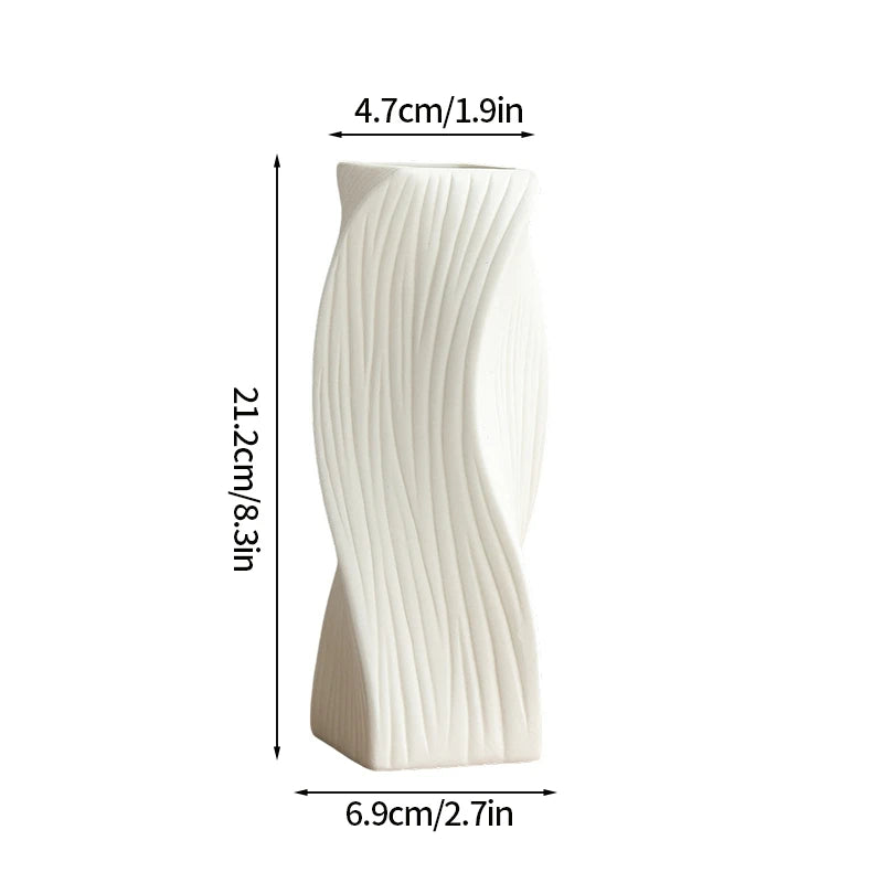 Modern white plastic decorative vase with vertical ribbed texture