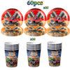 A set of 60 monster truck birthday party decorations including a backdrop and tableware