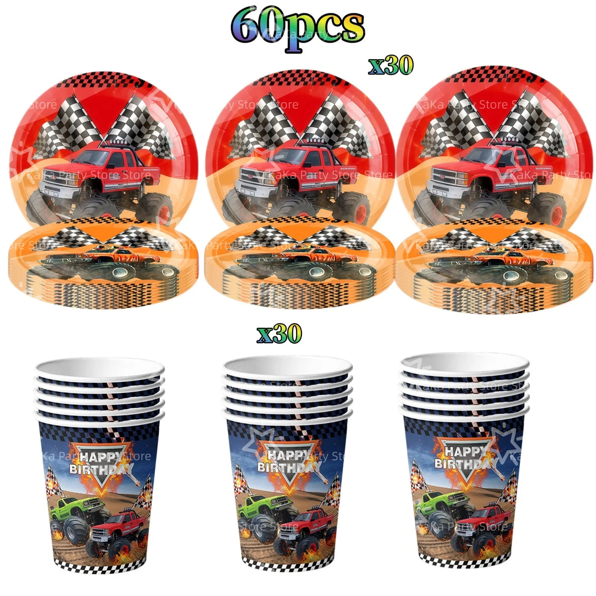 A set of 60 monster truck birthday party decorations including a backdrop and tableware