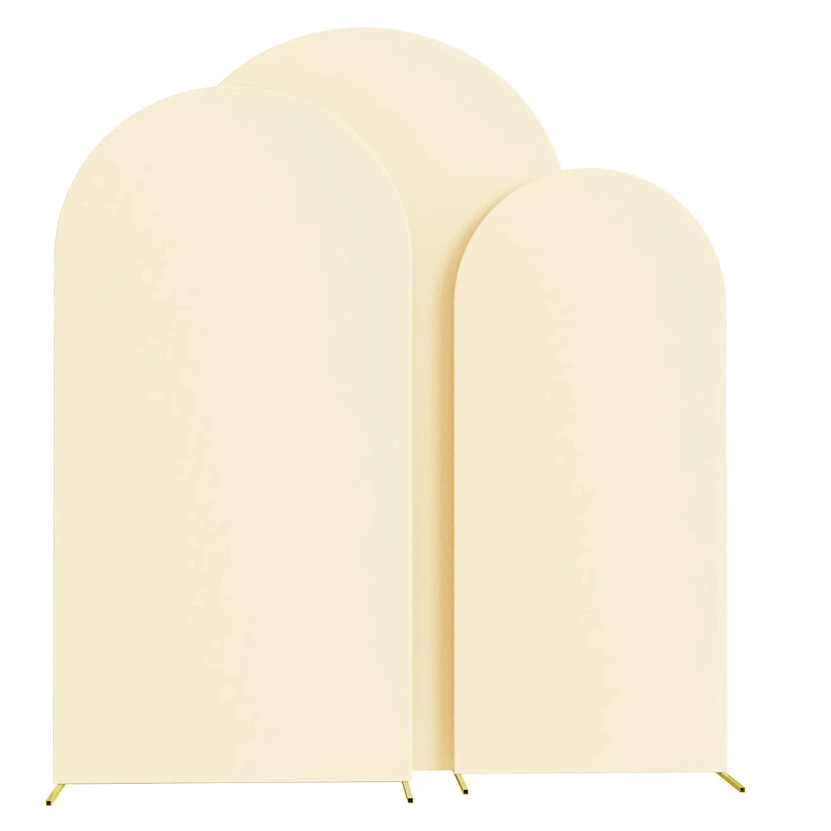 A set of three cream-colored arch stands or backdrops for wedding and event decor.