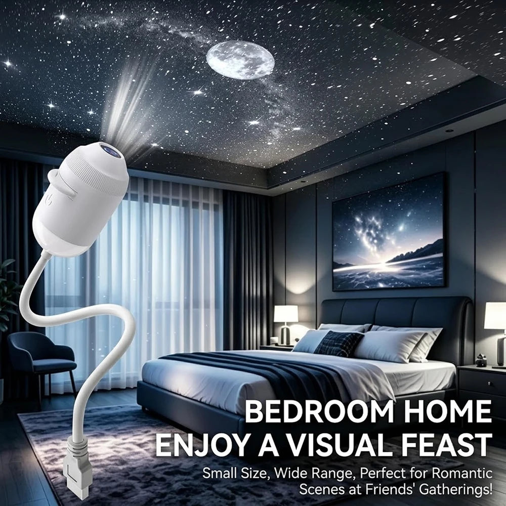 A white projector night light illuminates a starry ceiling in a modern bedroom setting.