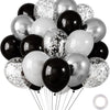 A bunch of chrome latex balloons in black, white, and silver shades tied together.